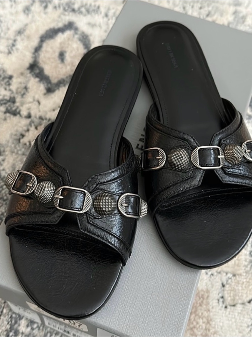Balenciaga Cagole Black Leather Flat Sandals NEW 
Size 7.5